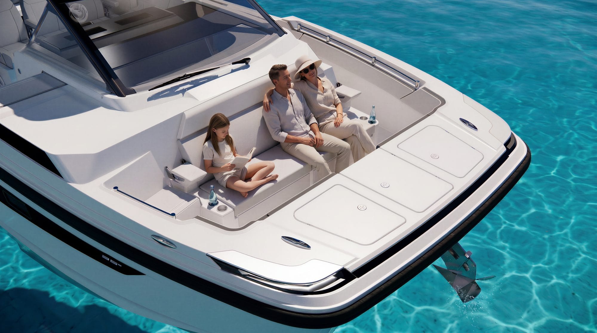 A family on the bow seating of the 35 Sport