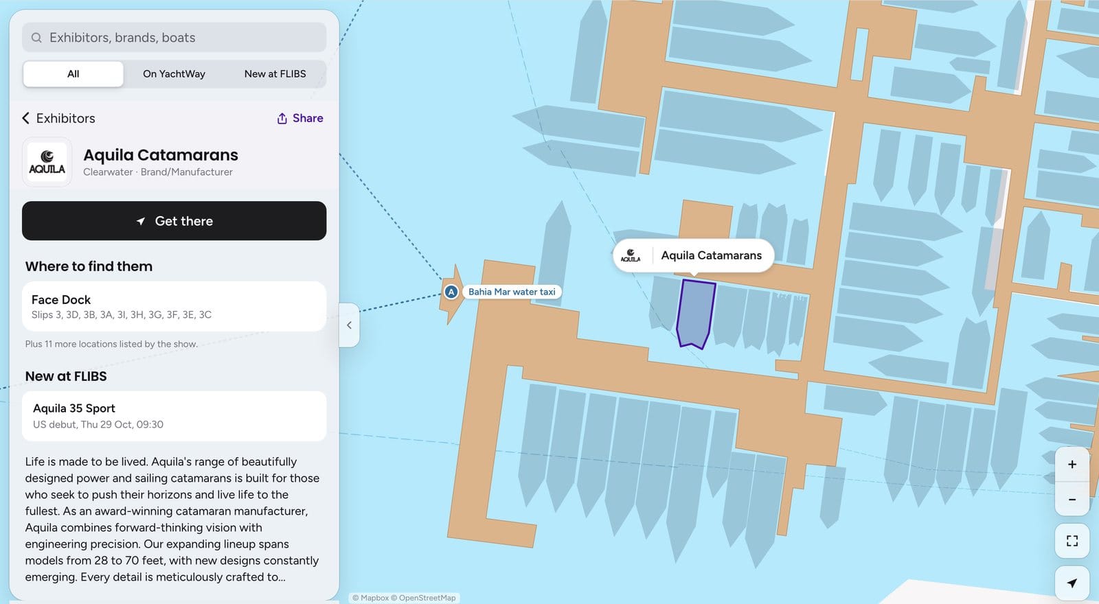 YachtWay FLIBS map showing the Aquila Catamarans stand on the Face Dock