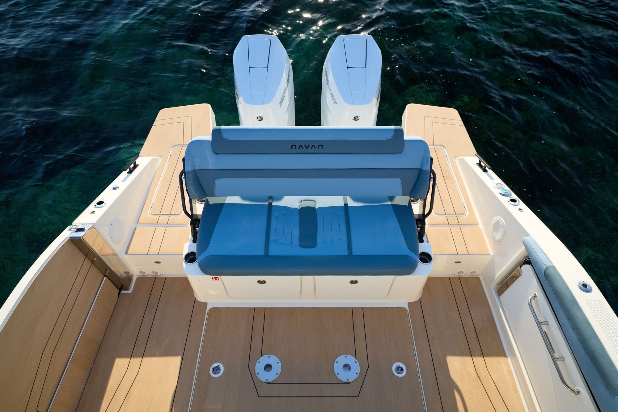 The cockpit and twin outboards seen from above