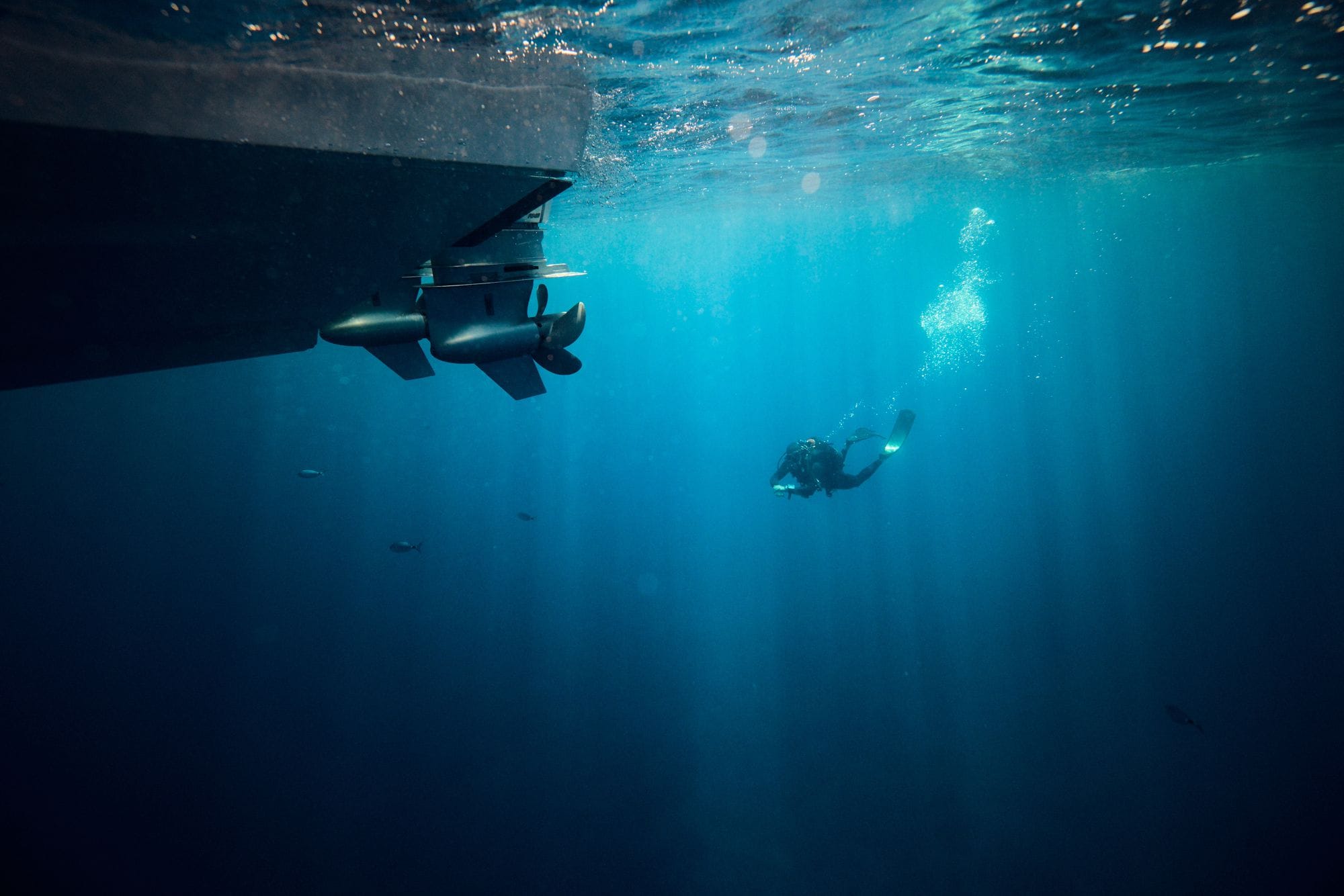Divers below the hull of the C38