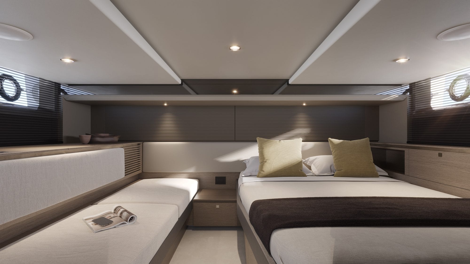 Aft cabin with a double bed and a dark slatted panel above it