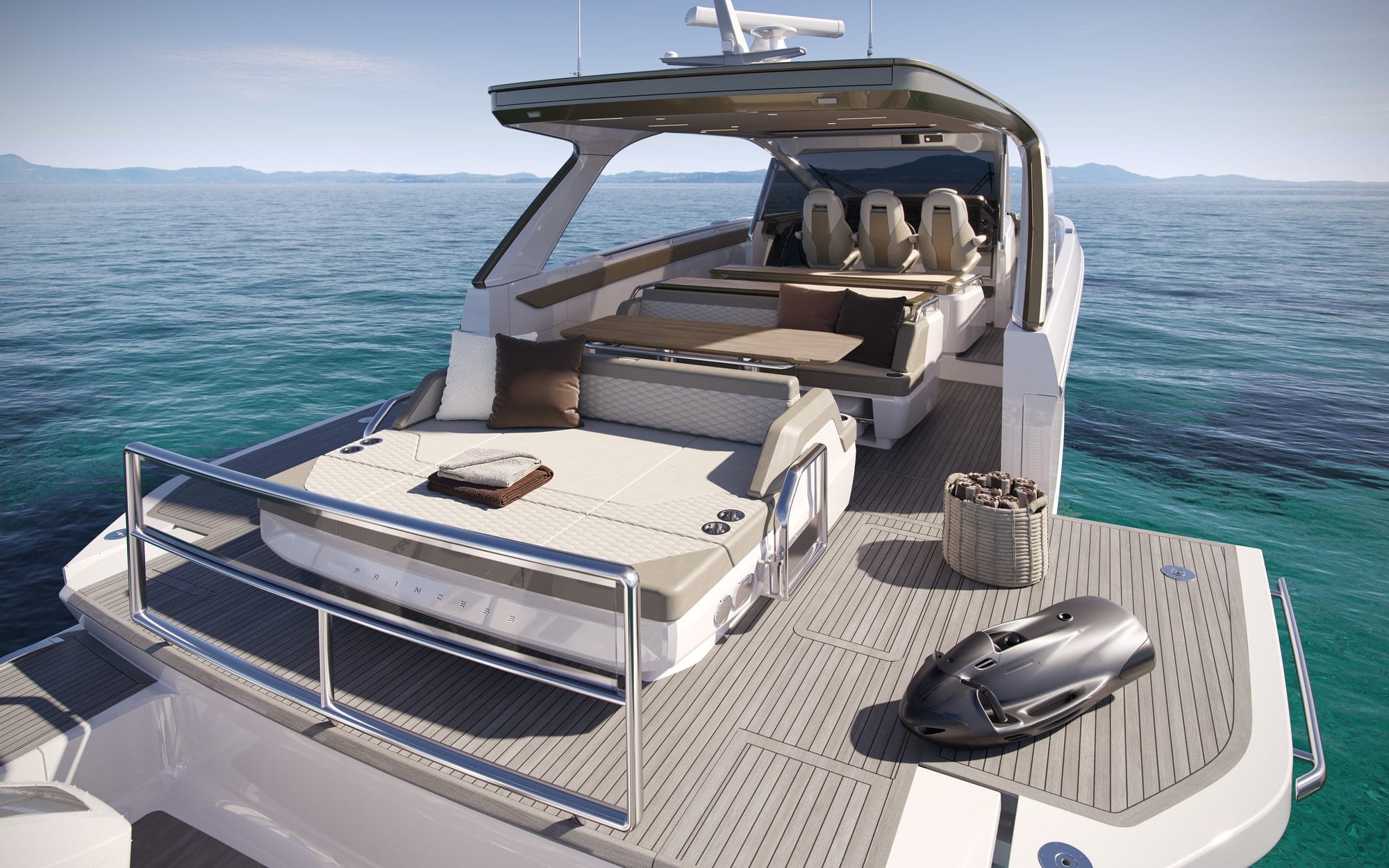 Cockpit sunpad and seating looking forward to the helm under the hardtop