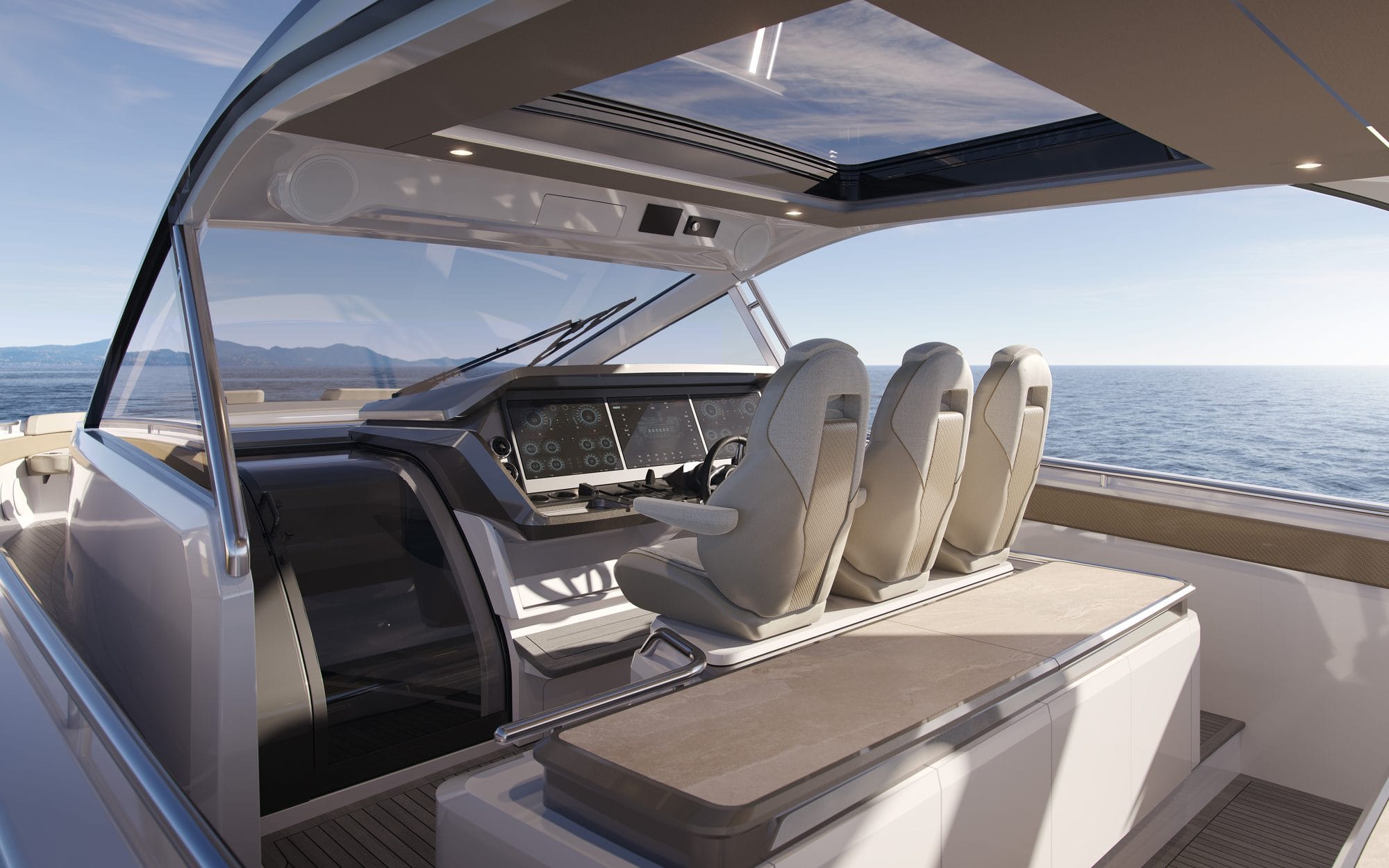 Helm with three seats side by side behind the windscreen