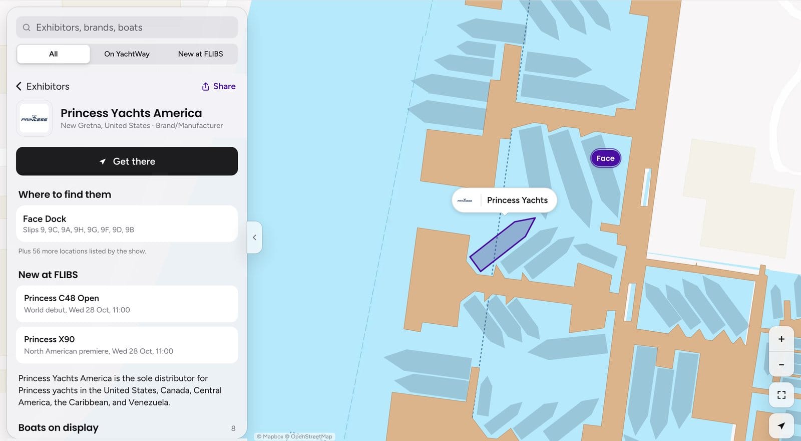 YachtWay FLIBS map showing the Princess Yachts America stand on the Face Dock