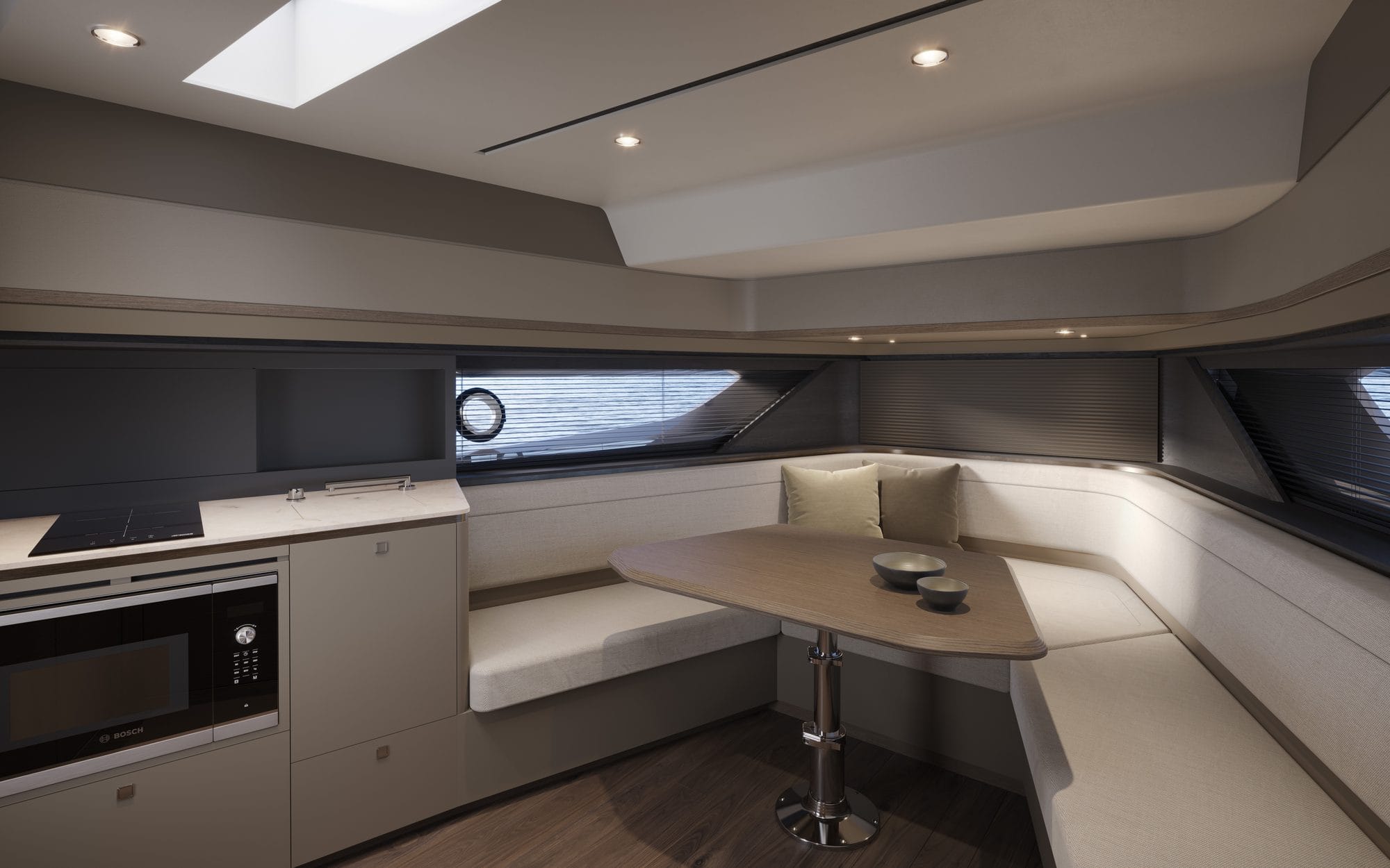Lower saloon with a dinette and the optional galley