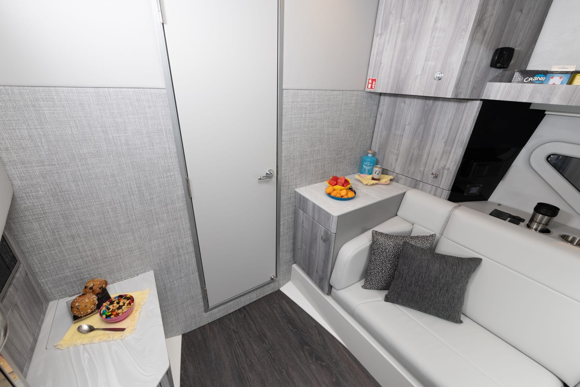 The 360 SSC cabin with settee and galley counter