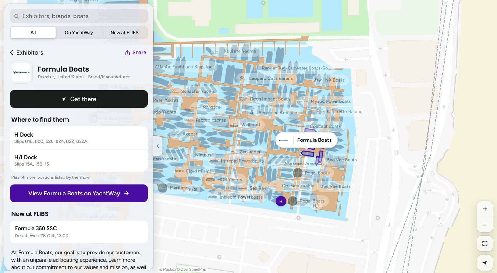 YachtWay FLIBS map showing the Formula Boats stand on H Dock