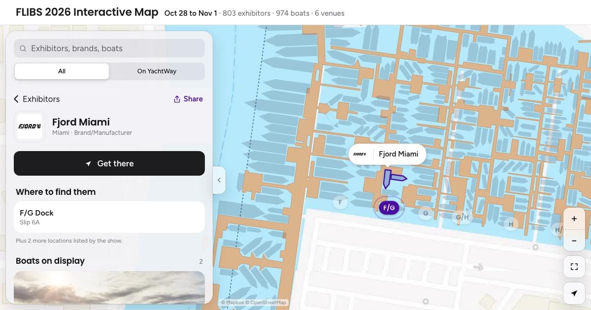 YachtWay FLIBS map showing the Fjord Miami stand on F/G Dock