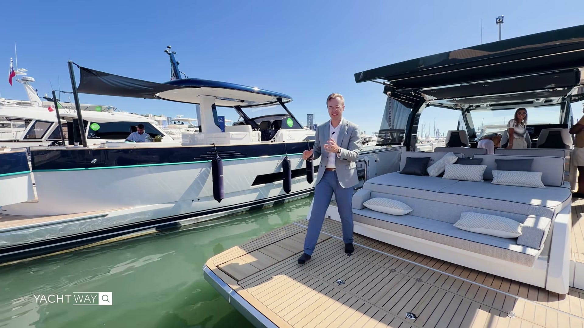 The T-top and aft deck of the Fjord 440 Open in Cannes