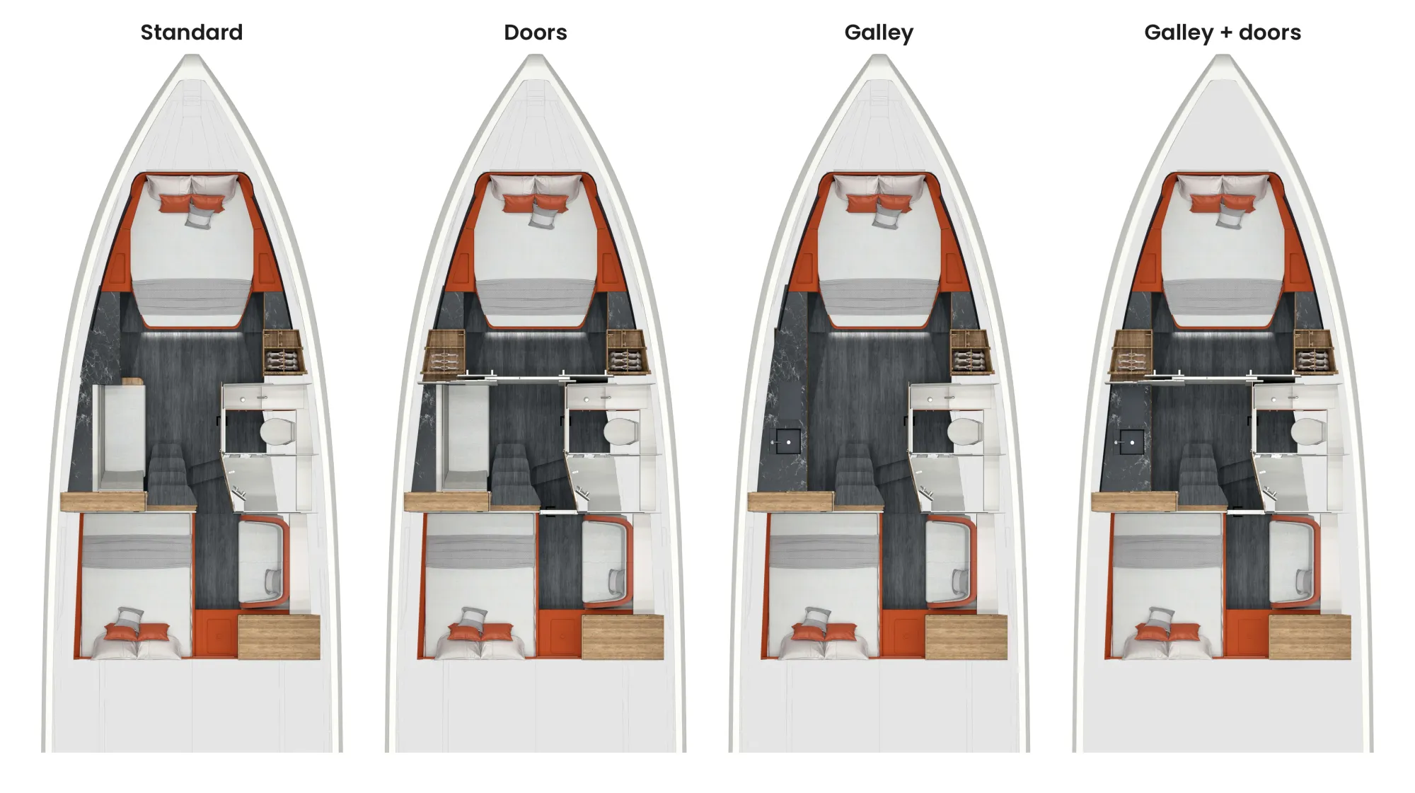 Fjord drawing of the four lower deck layouts
