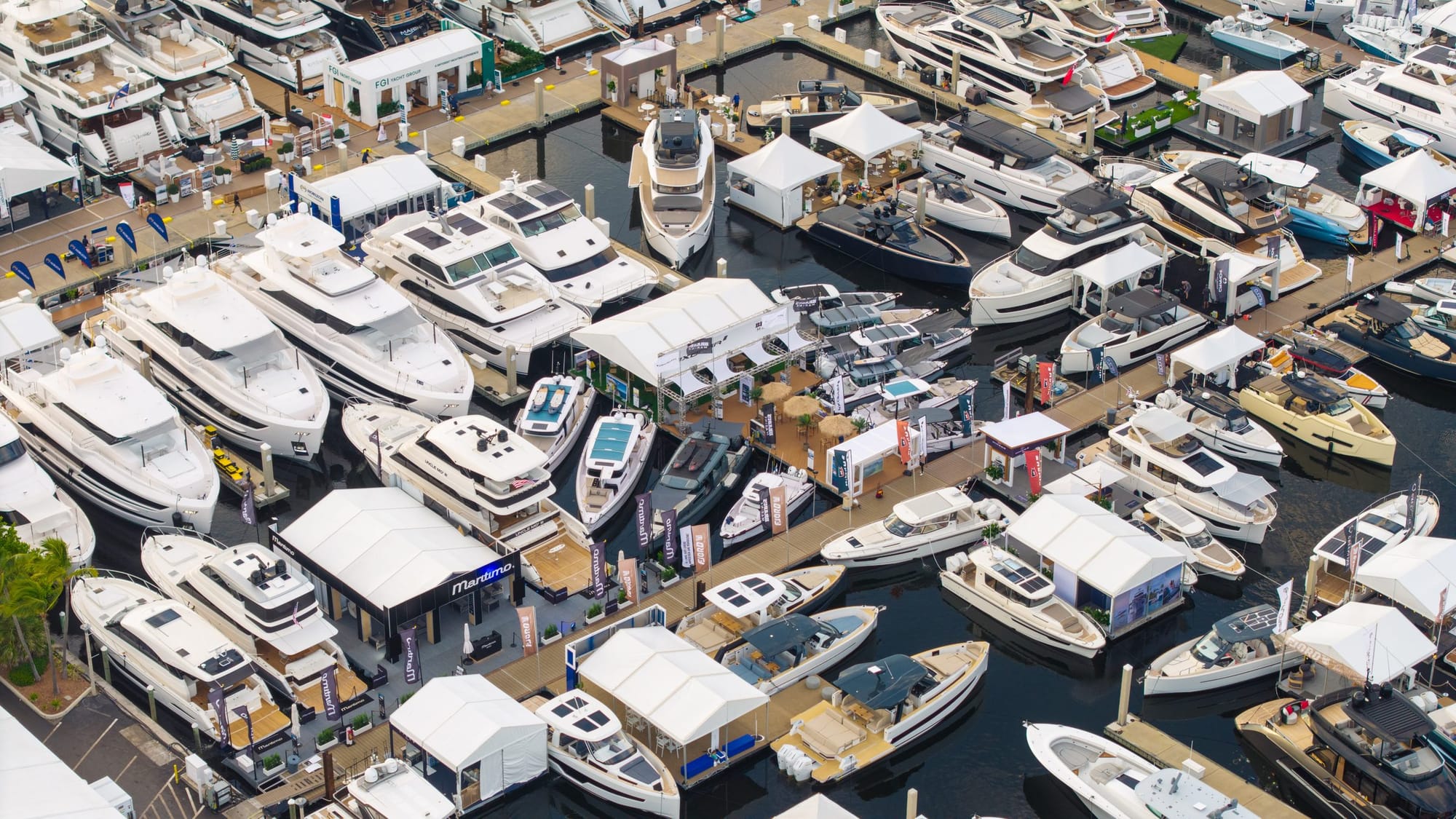 Aerial view of boats on display at the FLIBS 2025 docks
