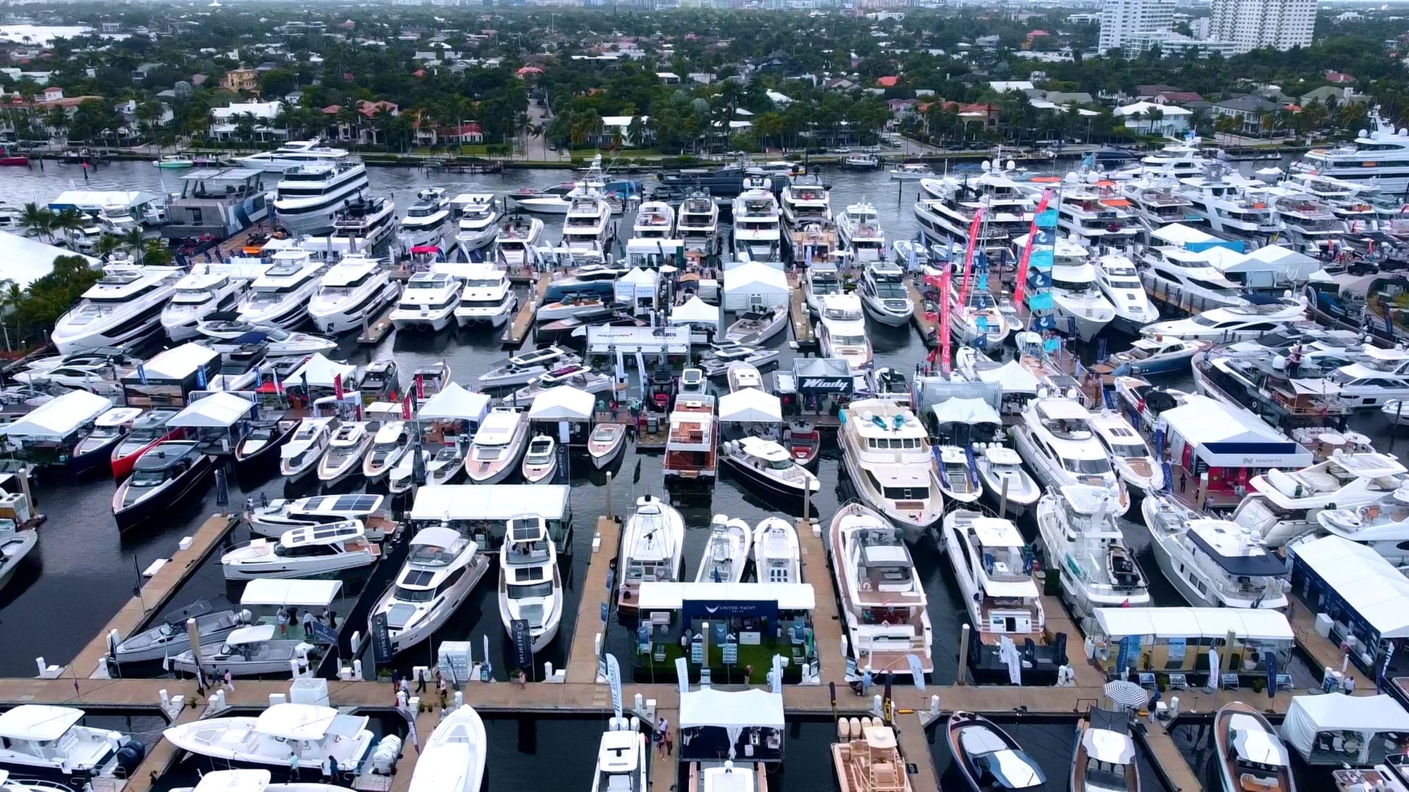 Aerial view of Fort Lauderdale beach and the FLIBS show docks during the 2023 show