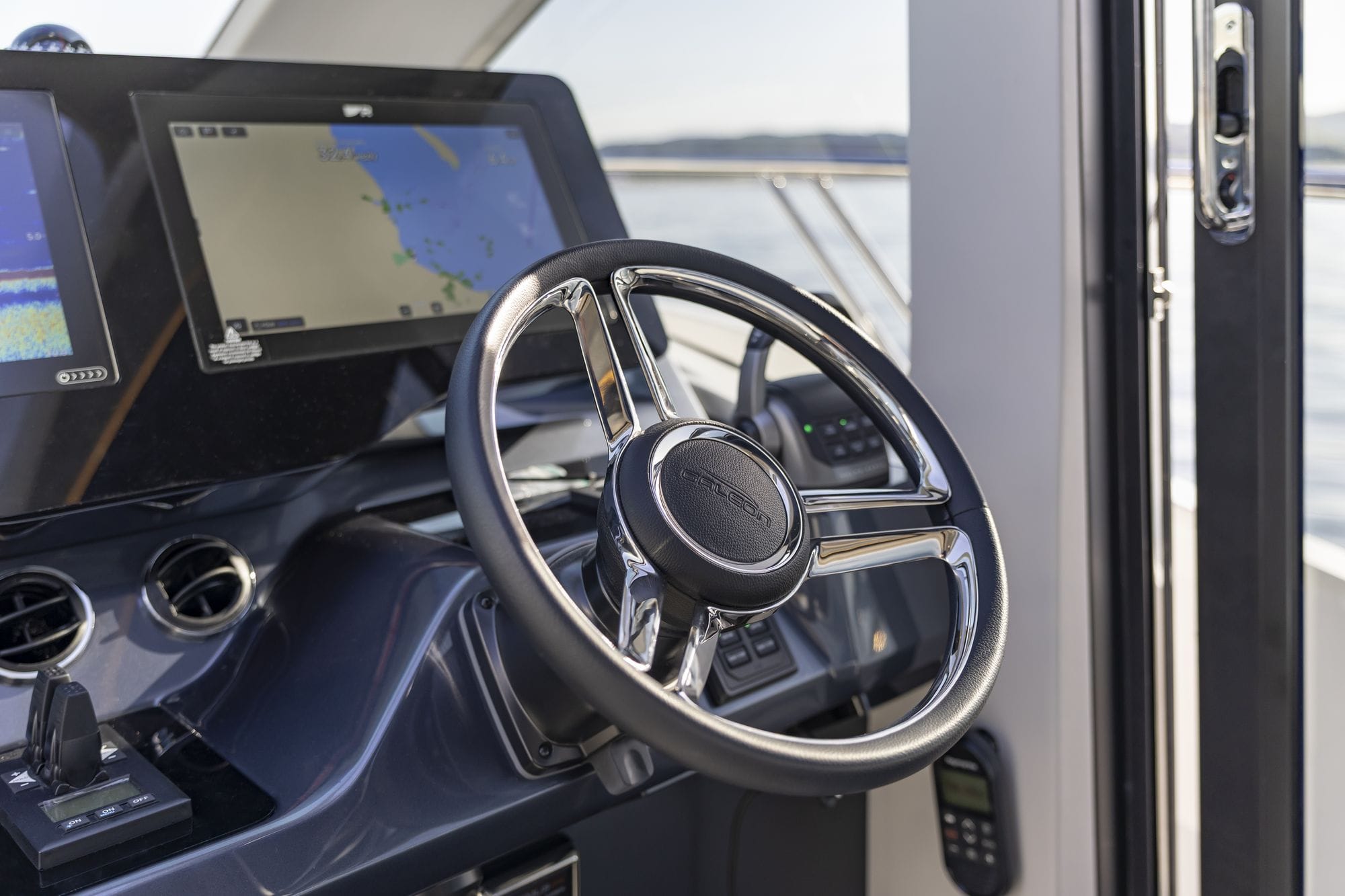 The main helm with the wheel and chart display