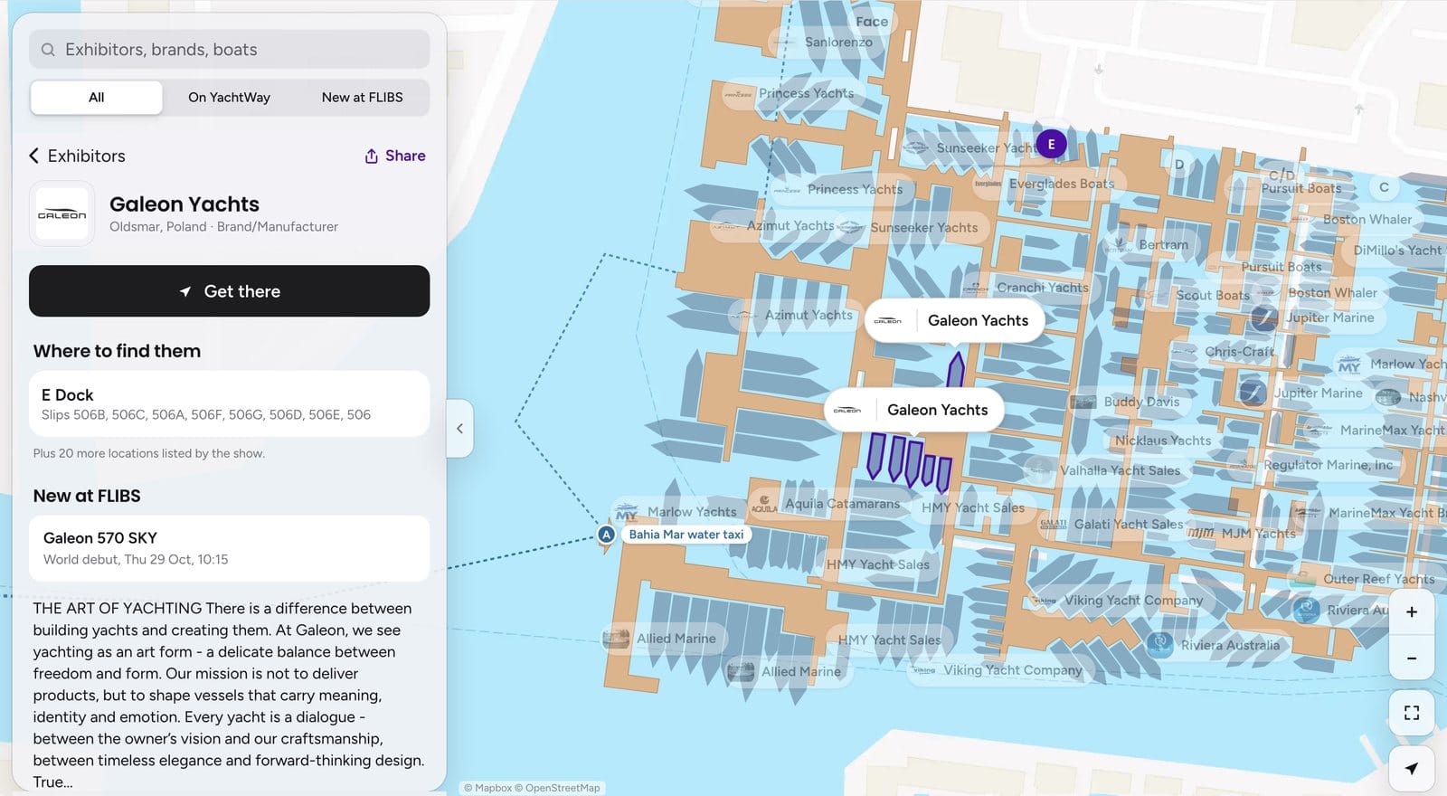 YachtWay FLIBS map showing the Galeon Yachts stand on E Dock