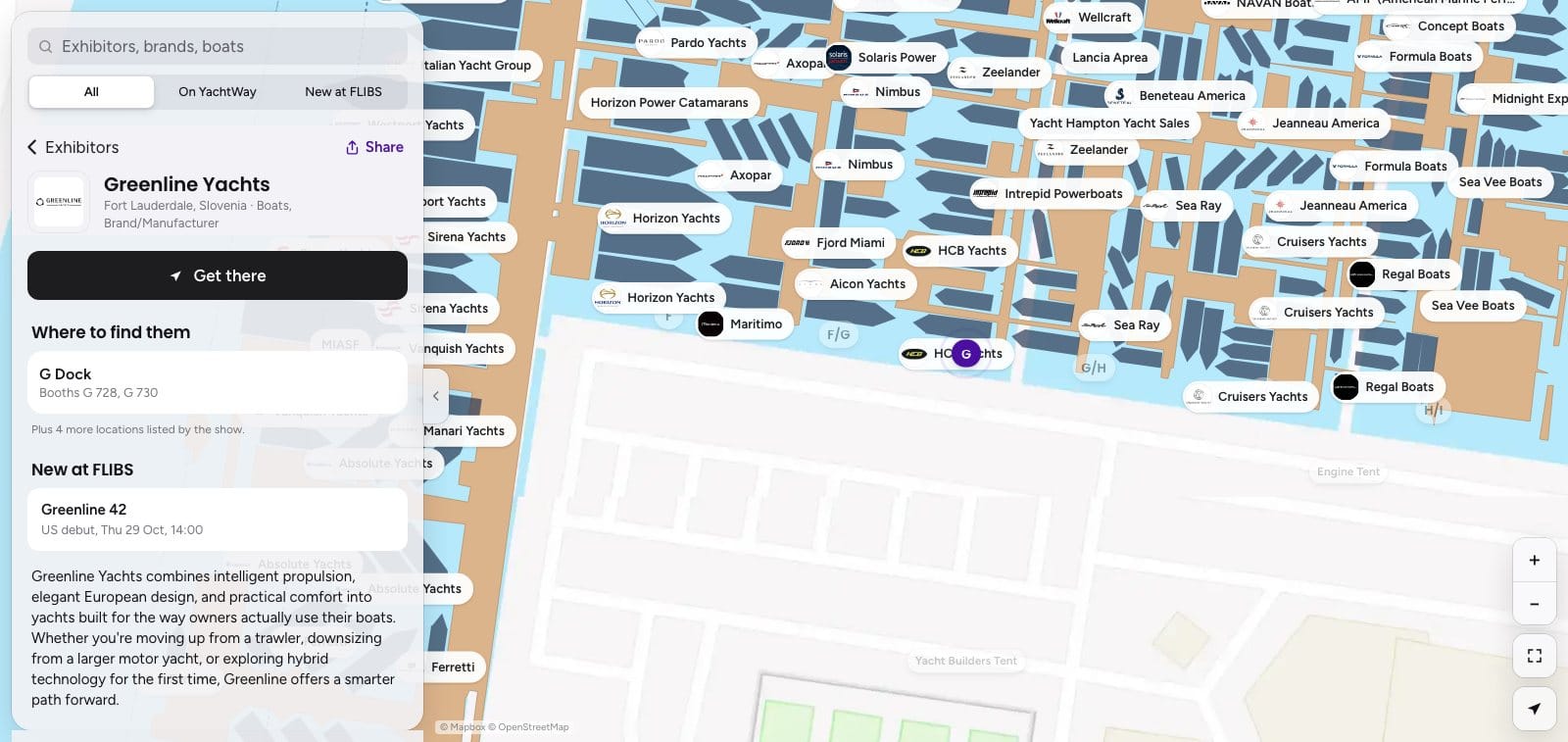 YachtWay FLIBS map showing the Greenline Yachts stand on G Dock