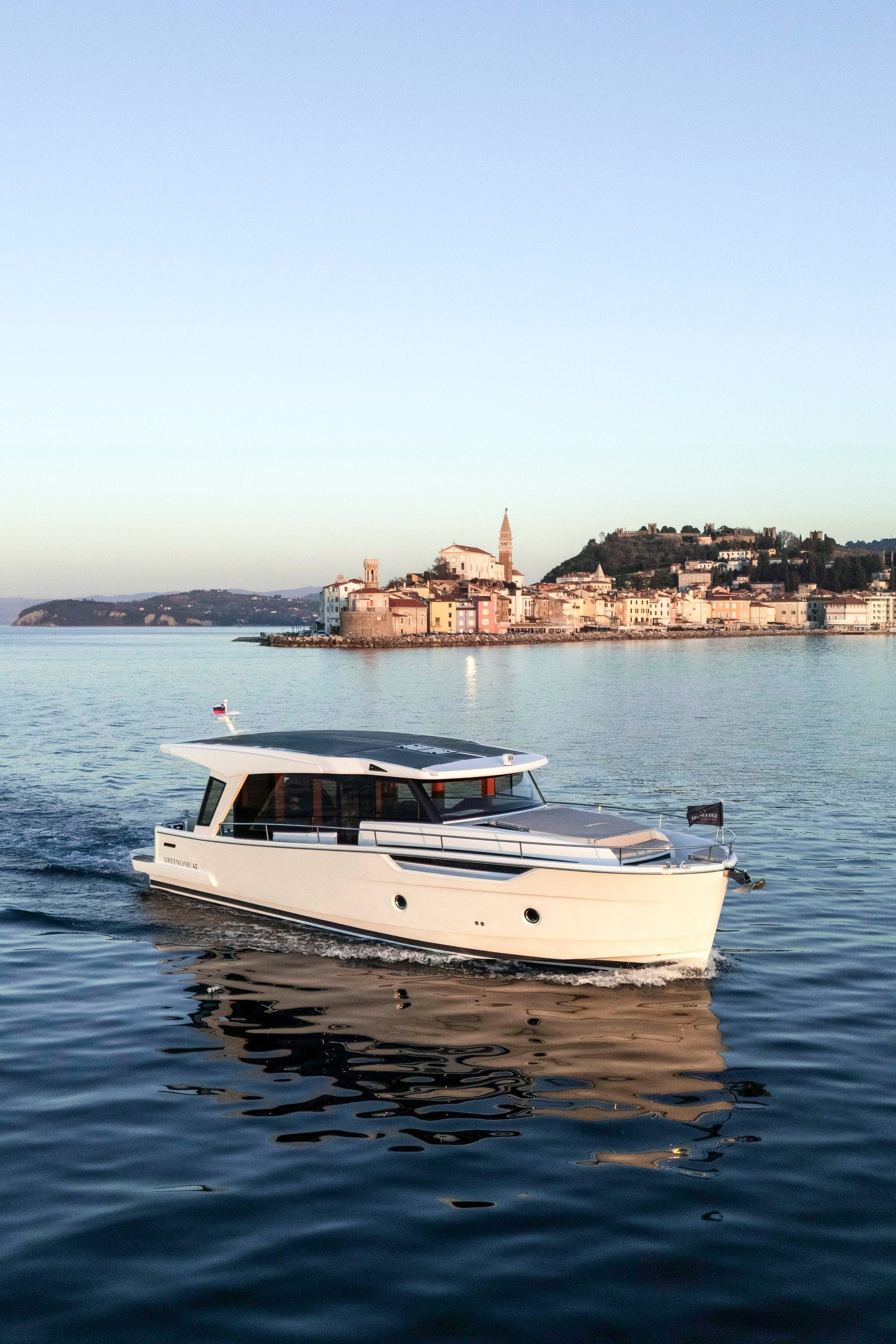 The Greenline 42 at rest off the old town of Piran