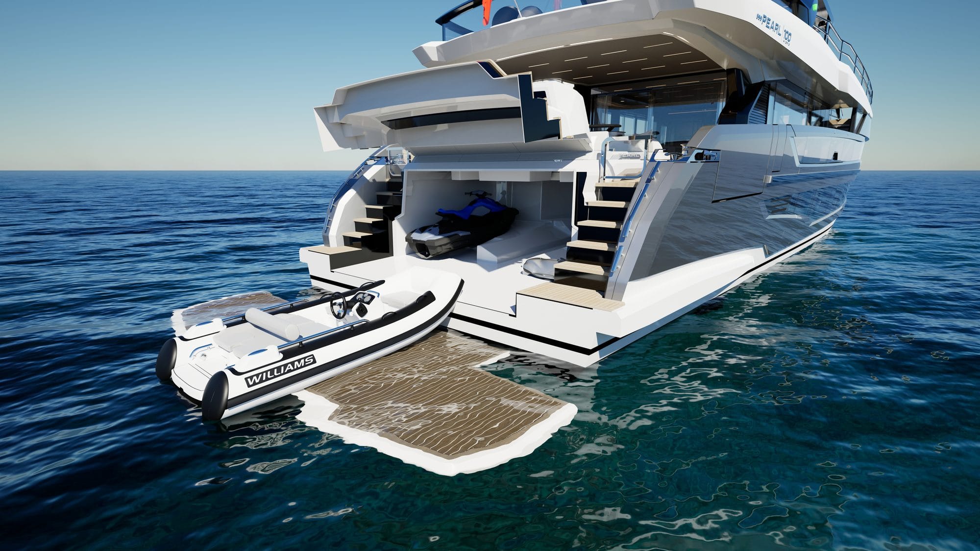 Stern garage open with a jet ski inside and a Williams tender on the lowered platform
