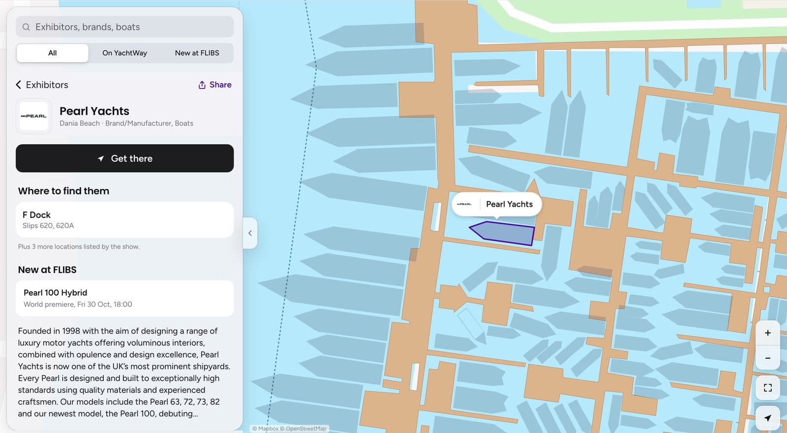 YachtWay FLIBS map showing the Pearl Yachts stand on F Dock