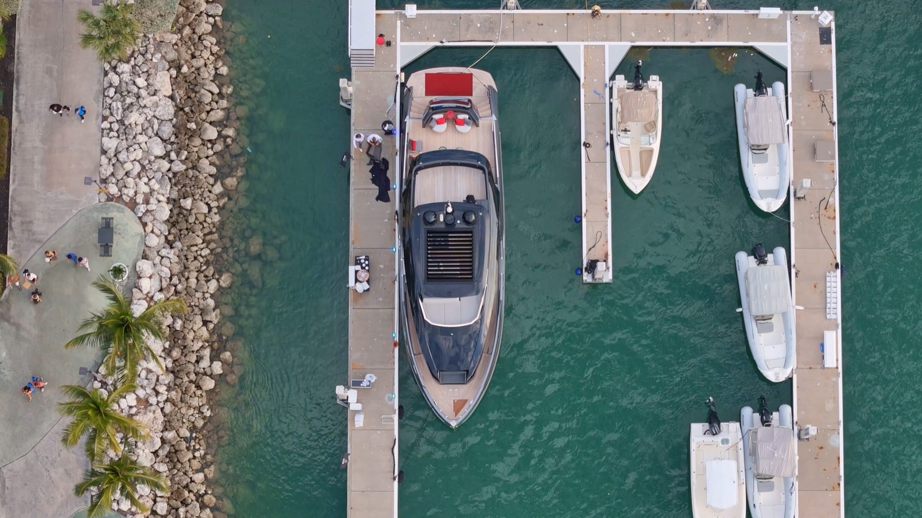 Top down view of a yacht in a Miami marina slip