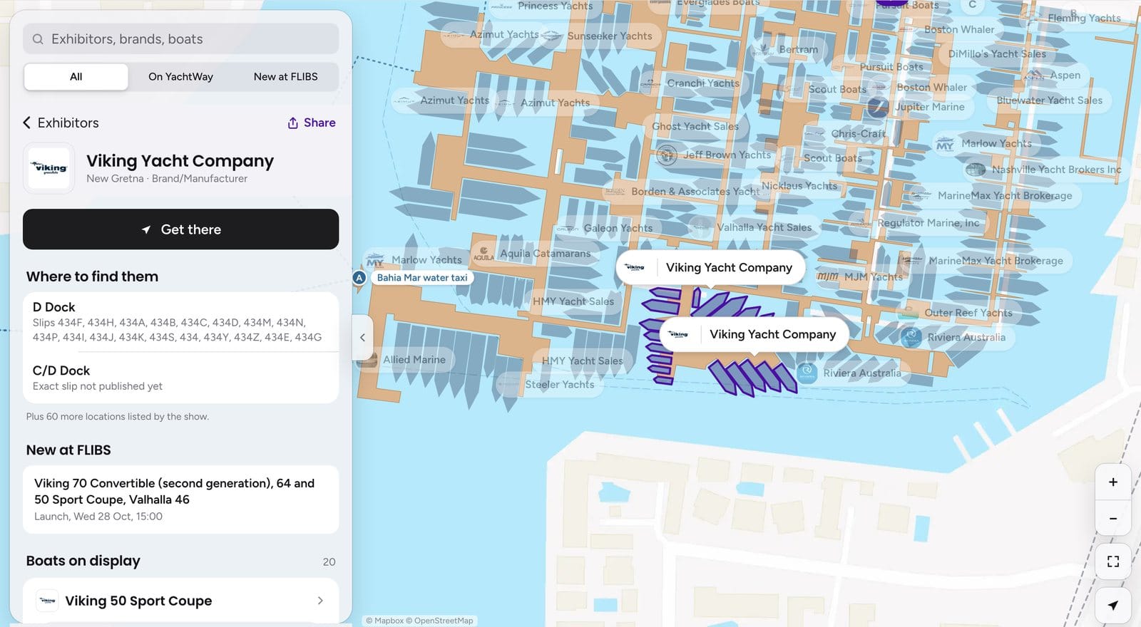 YachtWay FLIBS map showing the Viking Yacht Company stand at Bahia Mar