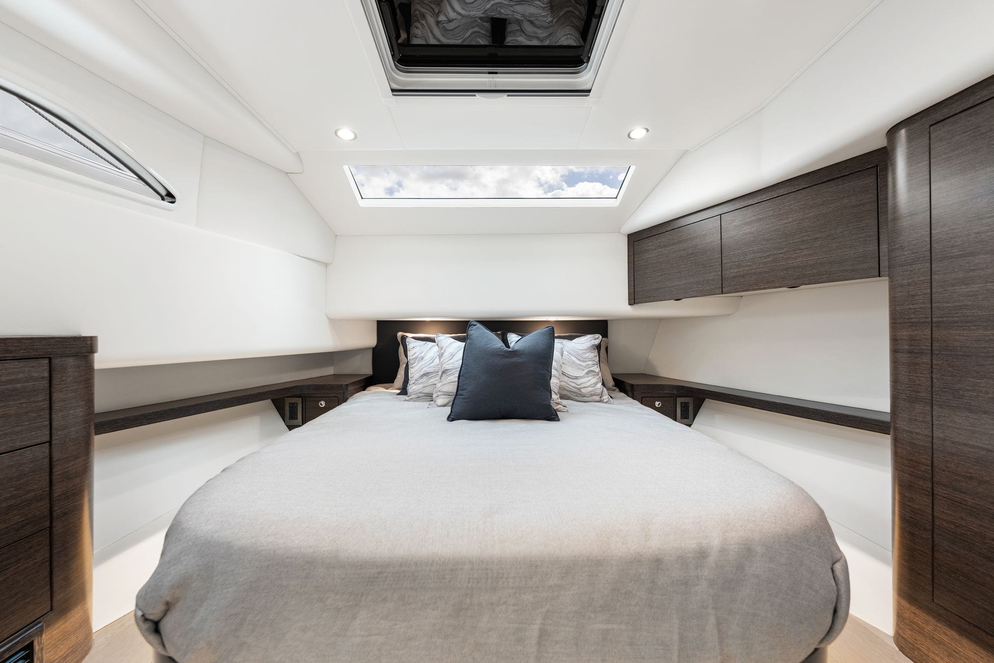 The forward stateroom with a skylight