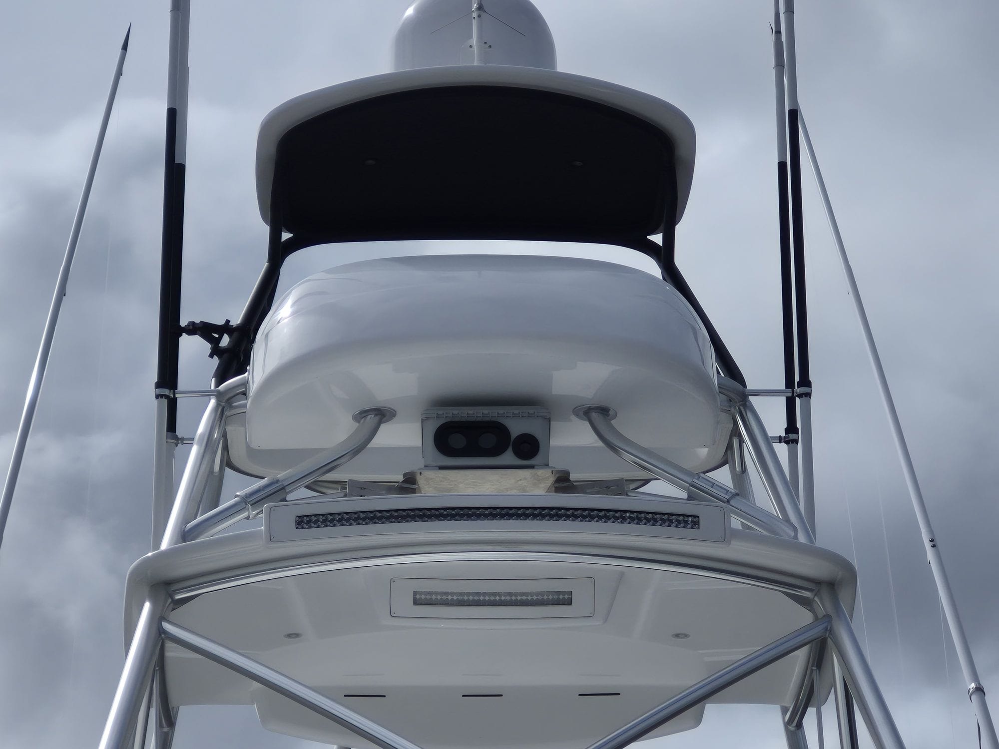 The WhaleSpotter unit mounted on the tuna tower of the Viking 70