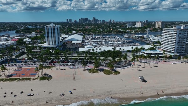 Aerial view of the packed FLIBS docks during the Fort Lauderdale International Boat Show